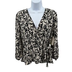 Meraki Floral Wrap Blouse WMNS L Black White Print Long Sleeve Peplum Top V-neck